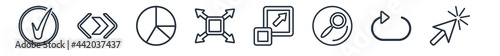 linear set of user interface outline icons. line vector icons such as tick box, right button, pie chart organization, size, expand tool, mouse arrow vector illustration.