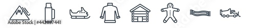 linear set of winter outline icons. line vector icons such as avalanche, themos flask, snowmobile, turtleneck sweater, chalet, snowplow vector illustration.