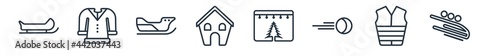 linear set of winter outline icons. line vector icons such as sledge, fur coat, sled, winter cabin, christmas day, bobsled vector illustration.