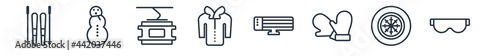 linear set of winter outline icons. line vector icons such as ski equiptment, snowman, ski lift, coat, electric heater, goggles vector illustration.