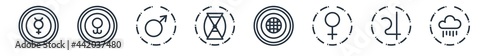 linear set of zodiac outline icons. line vector icons such as mercury, lethargy, mars, time changes, earth, precipitation vector illustration.