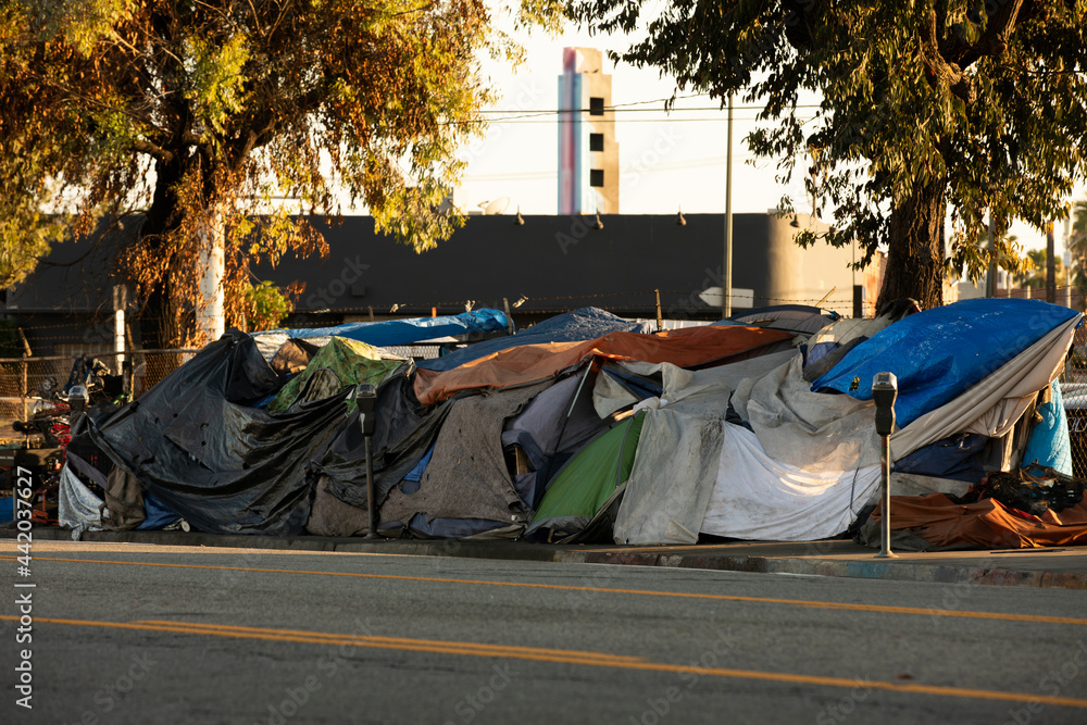 A homeless encampment sits on a street in Downtown Los Angeles, California, USA. - obrazy, fototapety, plakaty 