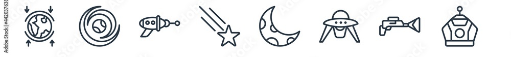 linear set of astronomy outline icons. line vector icons such as aerosphere, galaxy, space gun, shooting star, crescent moon, space capsule vector illustration. linear set of astronomy outline icons. line vector icons such as aerosphere, galaxy, space gun, shooting star, crescent moon, space capsule vector illustration.