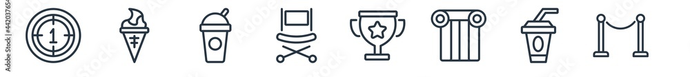 linear set of cinema outline icons. line vector icons such as movie countdown, stripped ice cream cone, papper cup with straw, director film chair, movie award, cinema borders vector illustration. linear set of cinema outline icons. line vector icons such as movie countdown, stripped ice cream cone, papper cup with straw, director film chair, movie award, cinema borders vector illustration.