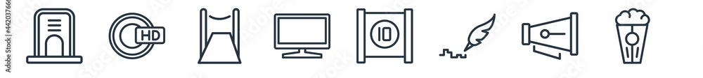 linear set of cinema outline icons. line vector icons such as null, hd dvd, carpet, flat tv, film reel countdown number 2, popcorn box vector illustration. linear set of cinema outline icons. line vector icons such as null, hd dvd, carpet, flat tv, film reel countdown number 2, popcorn box vector illustration.