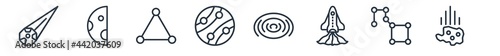linear set of astronomy outline icons. line vector icons such as meteorite falling, half moon, triangulam australe, jupiter with satellite, nebula, asteroid vector illustration.