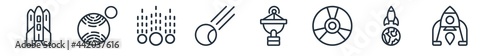 linear set of astronomy outline icons. line vector icons such as launching shuttle, neptune with satellite, meteor shower, comet, radar pointing up, lander vector illustration.