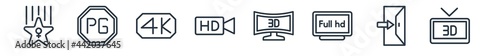 linear set of cinema outline icons. line vector icons such as famous cinema star, parental guidance, 4k, hd video, 3 dimension screen, 3d movie vector illustration.