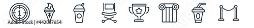 linear set of cinema outline icons. line vector icons such as movie countdown, stripped ice cream cone, papper cup with straw, director film chair, movie award, cinema borders vector illustration.
