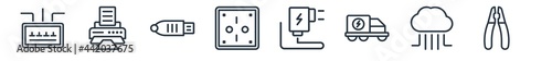 linear set of electrian connections outline icons. line vector icons such as fuse box, print, lan, wall socket, charger, pliers vector illustration.