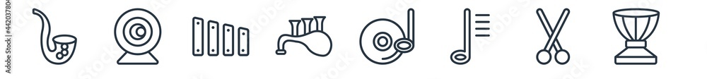 linear set of music outline icons. line vector icons such as saxophone, webcam video call, marimba, bagpipes, cd, djembe vector illustration. linear set of music outline icons. line vector icons such as saxophone, webcam video call, marimba, bagpipes, cd, djembe vector illustration.