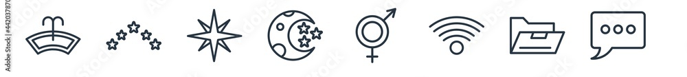 linear set of shapes outline icons. line vector icons such as windshield washer, 5 stars, morning star, half moon and star, male and female, speech bubble with ellipsis vector illustration. linear set of shapes outline icons. line vector icons such as windshield washer, 5 stars, morning star, half moon and star, male and female, speech bubble with ellipsis vector illustration.