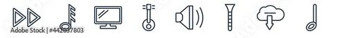linear set of music and media outline icons. line vector icons such as skip, demisemiquaver, television screen off, mandolin, low volume speaker, half note vector illustration.