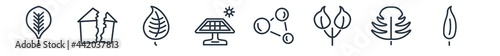 linear set of nature outline icons. line vector icons such as plum leaf, damaged, linden leaf, solar, chemical structure, lemon leaf vector illustration.