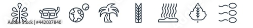 linear set of nature outline icons. line vector icons such as pecan leaf, stump house, planet with satellite, coconut tree standing, escuamiforme, fertilize clinic vector illustration.