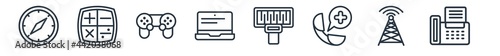 linear set of technology outline icons. line vector icons such as basic compass, mathematical operations, antique gamepad, laptop frontal monitor, portable scanner, telephone with fax vector