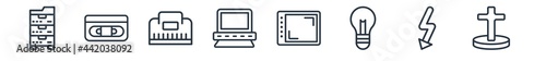 linear set of technology outline icons. line vector icons such as photocopier, domestic, telephone connector, vintage personal computer, horizontal tablet, cross stuck in ground vector illustration.