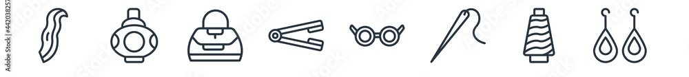 linear set of woman clothing outline icons. line vector icons such as female with long hair?, parfume?, fashionable hand bag?, hair iron?, round eyeglasses?, dangling earrings? vector illustration. linear set of woman clothing outline icons. line vector icons such as female with long hair?, parfume?, fashionable hand bag?, hair iron?, round eyeglasses?, dangling earrings? vector illustration.