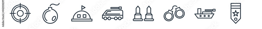 linear set of army and war outline icons. line vector icons such as militar radar, bomb, militar tent, armo vehicle, two bullets, militar in vector illustration. linear set of army and war outline icons. line vector icons such as militar radar, bomb, militar tent, armo vehicle, two bullets, militar in vector illustration.