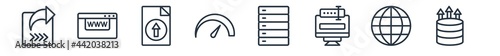 linear set of web hosting outline icons. line vector icons such as forwarding, domains, upload file, bandwidth, raid, improve vector illustration.