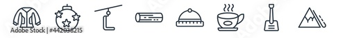 linear set of winter outline icons. line vector icons such as snowsuit, bauble, ski lift, logs, winter cap, avalanche vector illustration.