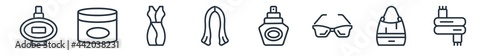 linear set of woman clothing outline icons. line vector icons such as bottle of perfume?, creme container black?, sexy female dress?, hair wig?, perfume?, scarf? vector illustration.