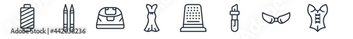 linear set of woman clothing outline icons. line vector icons such as cylindrical lamp?, eyeliner pencils?, female black handbag?, long black gown?, sewing thimble black variant?, female sexy dress?
