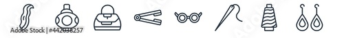 linear set of woman clothing outline icons. line vector icons such as female with long hair?, parfume?, fashionable hand bag?, hair iron?, round eyeglasses?, dangling earrings? vector illustration.