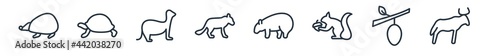 linear set of animals outline icons. line vector icons such as hegdehog, tortoise, ferret, snow leopard, wombat, wildebeest vector illustration.