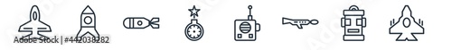 linear set of army and war outline icons. line vector icons such as jet, airplane bomb, torpedo, time bomb with clock, militar radio, fighter plane vector illustration.
