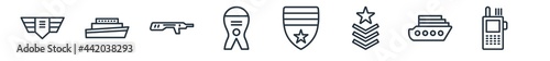 linear set of army and war outline icons. line vector icons such as in, militar ship, automatic gun, depth charge, chevrons, two way radio vector illustration.