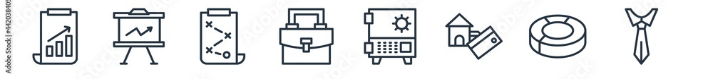 linear set of business outline icons. line vector icons such as progress report, graphic panel, tactic, business briefcase, big safe, black tie vector illustration.