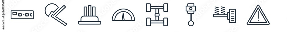 linear set of car parts outline icons. line vector icons such as car numberplate, car air bag, distributor cap, ammeter, axle, brake light vector illustration. linear set of car parts outline icons. line vector icons such as car numberplate, car air bag, distributor cap, ammeter, axle, brake light vector illustration.