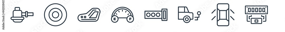 linear set of car parts outline icons. line vector icons such as car sump, car spare wheel, reversing light, fuel gauge, gasket, manifold vector illustration. linear set of car parts outline icons. line vector icons such as car sump, car spare wheel, reversing light, fuel gauge, gasket, manifold vector illustration.