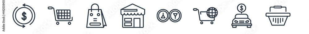 linear set of commerce outline icons. line vector icons such as trading, checke, bag business card, shopping store, men and women toilet, supermarket basket vector illustration. linear set of commerce outline icons. line vector icons such as trading, checke, bag business card, shopping store, men and women toilet, supermarket basket vector illustration.