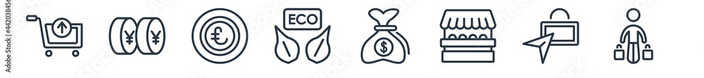 linear set of commerce outline icons. line vector icons such as take out from the cart, yens coins stack, null, eco label, full money bag, shopper with bags vector illustration. linear set of commerce outline icons. line vector icons such as take out from the cart, yens coins stack, null, eco label, full money bag, shopper with bags vector illustration.