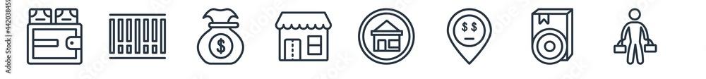 linear set of commerce outline icons. line vector icons such as wallet filled money tool, null, bag of money with dollar, shop store, house badge, shopper vector illustration. linear set of commerce outline icons. line vector icons such as wallet filled money tool, null, bag of money with dollar, shop store, house badge, shopper vector illustration.