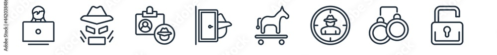 linear set of cyber outline icons. line vector icons such as woman online, hacking, identity theft, stalking, trojan, passwords vector illustration. linear set of cyber outline icons. line vector icons such as woman online, hacking, identity theft, stalking, trojan, passwords vector illustration.