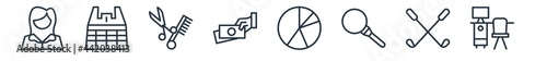 linear set of business outline icons. line vector icons such as businesswomen, supermarket bag, hair salon, give money, pie graphic, work table vector illustration.