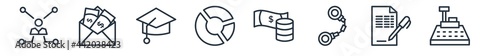 linear set of business outline icons. line vector icons such as thin, envelope with money inside, graduation ceremony, pie chart statistics, stack, cashbox vector illustration.