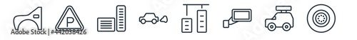 linear set of car parts outline icons. line vector icons such as car fender (us, canadian), car parking light, pedal, tailpipe, accelerator, tyre vector illustration.