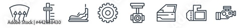 linear set of car parts outline icons. line vector icons such as car demister, car transmission, bumper, sprocket, connecting rod, engine vector illustration.