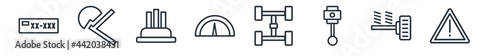 linear set of car parts outline icons. line vector icons such as car numberplate, car air bag, distributor cap, ammeter, axle, brake light vector illustration.
