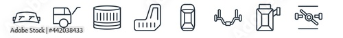 linear set of car parts outline icons. line vector icons such as car windscreen, car tailgate, oil filter, mud flap, sunroof or sunshine roof, choke vector illustration.