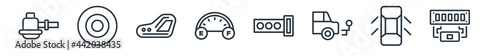 linear set of car parts outline icons. line vector icons such as car sump, car spare wheel, reversing light, fuel gauge, gasket, manifold vector illustration.