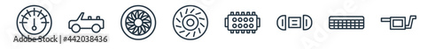 linear set of car parts outline icons. line vector icons such as car petrol gauge  car soft top  hubcap  clutch  cylinder head  silencer vector illustration.