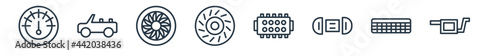 linear set of car parts outline icons. line vector icons such as car petrol gauge, car soft top, hubcap, clutch, cylinder head, silencer vector illustration.