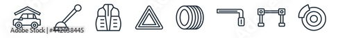 linear set of car parts outline icons. line vector icons such as car roof, car handbrake, cowl, hazard lights, trim, brake vector illustration.