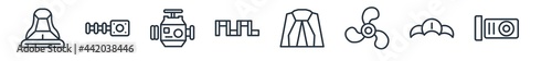 linear set of car parts outline icons. line vector icons such as car bucket seat, car distributor, carburettor, crank, bonnet, petrol cap vector illustration.
