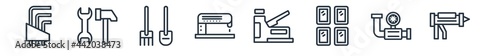 linear set of construction and tools outline icons. line vector icons such as allen keys, improvement, shovel and fork, sanding machine, staple gun, sealant gun vector illustration.